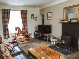 a living room with a couch and a fireplace at Dermot Cottage in Gatehouse of Fleet
