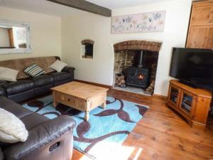 a living room with a couch and a fireplace at Ploony Cottage in Bleddfa