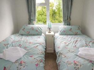 two twin beds in a room with a window at Morgan Lodge in Puxton