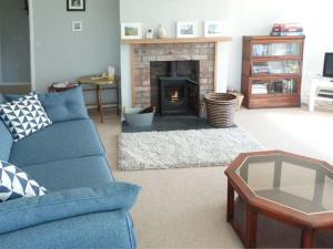 a living room with a blue couch and a fireplace at Fronthill in Newtonmore