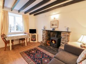 a living room with a fireplace and a couch at Groes Newydd Bach in Llandecwyn