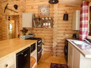 eine Küche in einem Blockhaus mit einem Herd in der Unterkunft Wilderness Lodge in Shelve