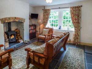 a living room with a couch and a fireplace at 3 Glanrafon in Llanwddyn