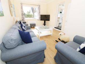 a living room with two blue couches and a tv at Bungalow in Fishguard