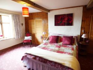 a bedroom with a large bed with red pillows at Arllen Fawr in Pen-y-bont-fawr