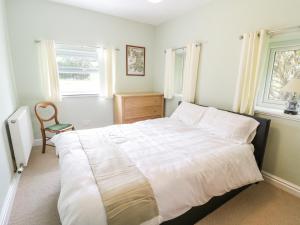a bedroom with a large bed and two windows at Dyffryn Bach in Rug