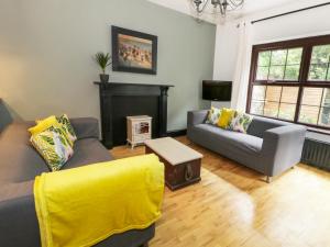 a living room with two couches and a fireplace at 4 Wheatsheaf Yard in Morpeth
