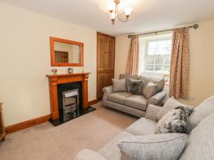 a living room with a couch and a fireplace at Llwyn Celyn in Llanfachreth