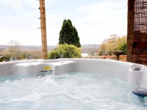 a jacuzzi tub with a view of a tree at Broadway Lands Farm in Little Dewchurch