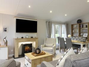 a living room with a fireplace and a tv at Woodstock Lodge in Skelmorlie