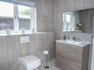 La salle de bains est pourvue de toilettes, d'un lavabo et d'une fenêtre. dans l'établissement Willow Lodge, à Canterbury