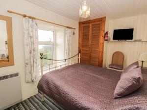 a bedroom with a bed and a window and a television at Merlin in Pwllheli