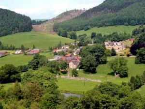 a small village in the middle of a green field at Tailor's Cottage in Abbey-Cwmhir