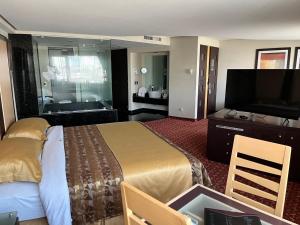 ein Hotelzimmer mit einem Bett und einem Flachbildfernseher in der Unterkunft Hotel Scala Magna in Mexiko-Stadt