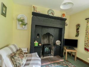 a living room with a fireplace and a tv at Gardeners Cottage in Hesket Newmarket