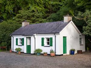 una pequeña casa blanca con persianas verdes y plantas en Mr McGregors' Cottage en Gortin