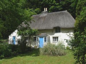 a small white cottage with a thatched roof at Lew Quarry Cottage in Lewdown