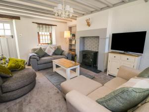 a living room with couches and a tv and a fireplace at Edmunds Cottage in Bedale