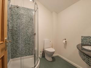 a bathroom with a shower and a toilet and a sink at Beckside in Cockermouth +9 photos