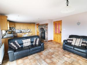 a living room with two leather couches and a fireplace at Tullyally in Red Castle