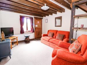 a living room with a couch and a tv at Beech Cottage in Llanidloes