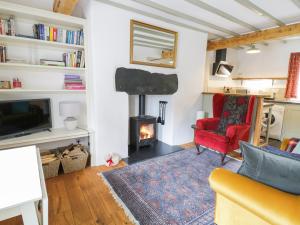 a living room with a fireplace and a red chair at Tanrallt in Machynlleth