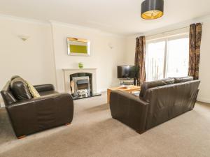 a living room with two leather chairs and a television at Dragonfly in Bridgwater