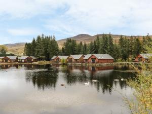 un lago con casas y patos en el agua en Burnside Lodge Lodge 1, Glengoulandie en Aberfeldy