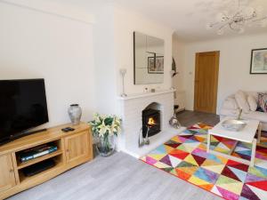 a living room with a fireplace and a tv at Gwelfor in Cemaes Bay