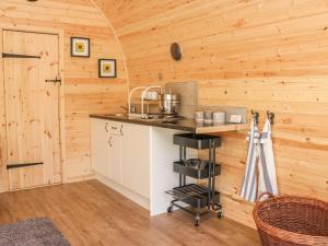 a kitchen with a counter in a wooden cabin at Dingle Den in Hereford