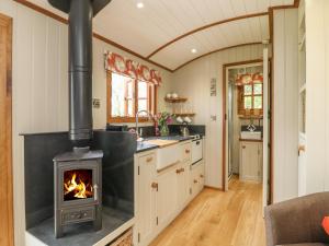 a kitchen with a stove in the middle of a room at Little Silver Owl in High Bickington