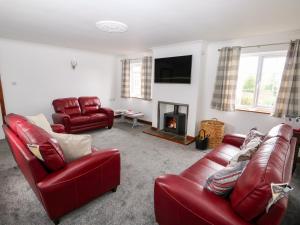 a living room with red leather furniture and a fireplace at Balmedie in Market Rasen