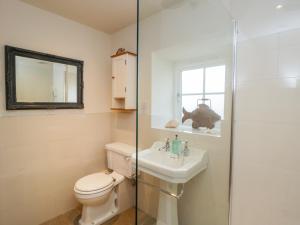 a bathroom with a toilet and a sink and a shower at Wallerthwaite Barn Cottage in Harrogate +7 photos