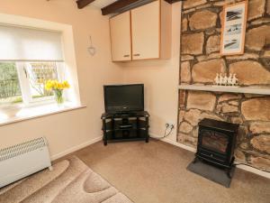 a living room with a stone fireplace and a television at Heron Cottage in Morpeth