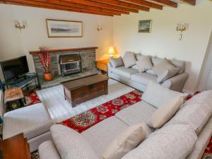 sala de estar con 2 sofás y chimenea en Park Hall Cottage, en Haverfordwest