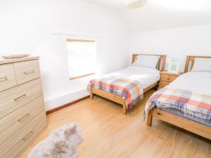 a bedroom with two beds and a dog laying on the floor at Ty Haf in Caersws