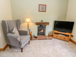 a living room with a television and a fireplace at 2 Station View in Long Marton