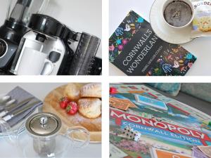 a collage of pictures with a coffee maker and a book at Chapel Rock View, The Dunes in Perranporth