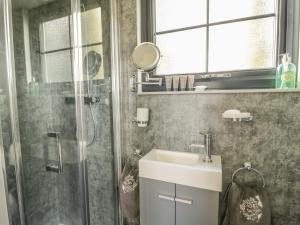y baño con ducha, lavabo y espejo. en High Rigg Shepherd's Delight, en Brampton