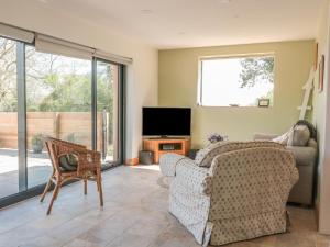 a living room with a couch and a television at Black Cat Bach in Abergavenny