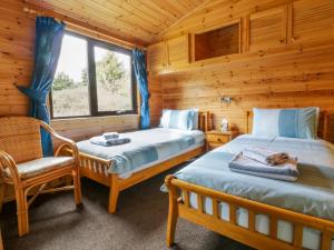 迪斯的住宿－Brambles，小木屋内一间卧室配有两张床和一把椅子