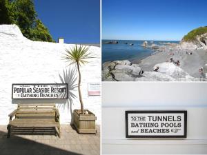 a collage of three pictures of a beach with a sign at SeaSound in Ilfracombe