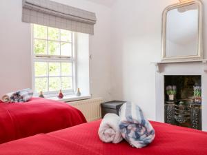 a bedroom with two beds with red sheets and a mirror at Thrower's Cottage in Blockley