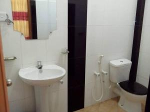 un bagno con lavandino, water e specchio di Dinimuthu Rest Inn a Wellawaya