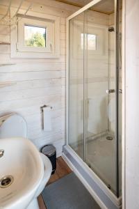 a bathroom with a shower and a sink at Fox House Tisá / Rájec in Tisá