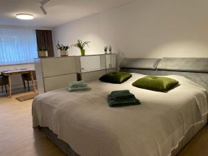 a bedroom with a large bed with two green pillows at Studio Gocki in Zürich