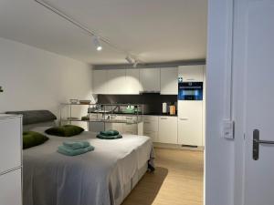 a white room with a bed and a kitchen at Studio Gocki in Zürich
