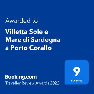 Sertifikāts, apbalvojums, norāde vai cits dokuments, kas ir izstādīts apskatei naktsmītnē Villetta Sole e Mare di Sardegna a Porto Corallo