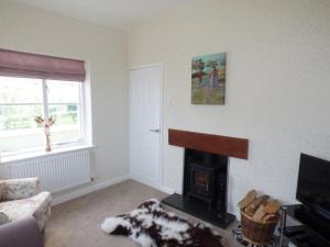 a living room with a fireplace and a tv at Hafod Cottage in Cemaes Bay