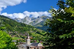 une ville dans une vallée avec des montagnes en arrière-plan dans l'établissement Studio Danay, au Grand-Bornand